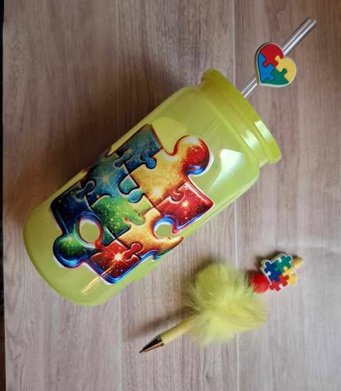 Autism yellow can cup plastic and pen set