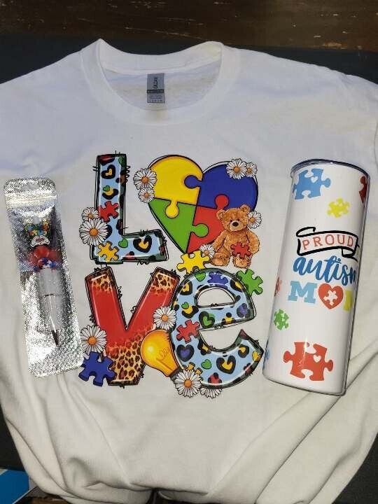 Set autism t shirt SIZE LARGE ,Tumbler , Pen