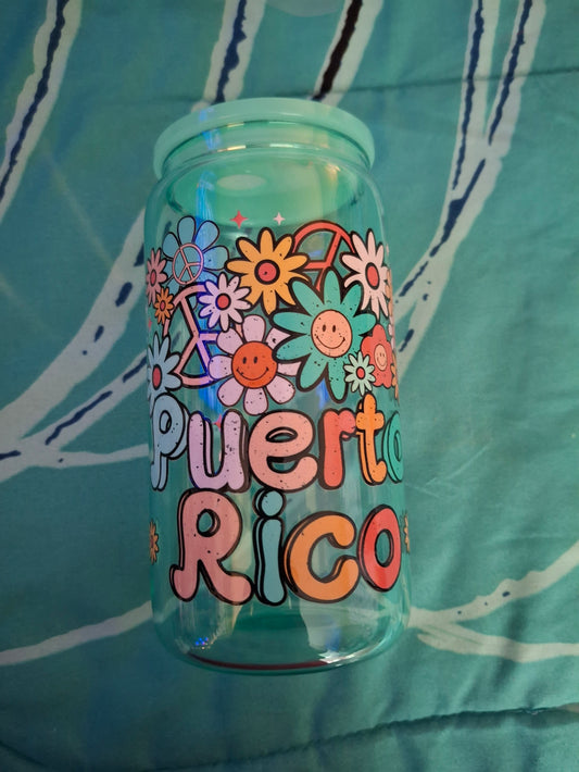 🌼 Puerto Rico Flower Can Glass – 16 oz